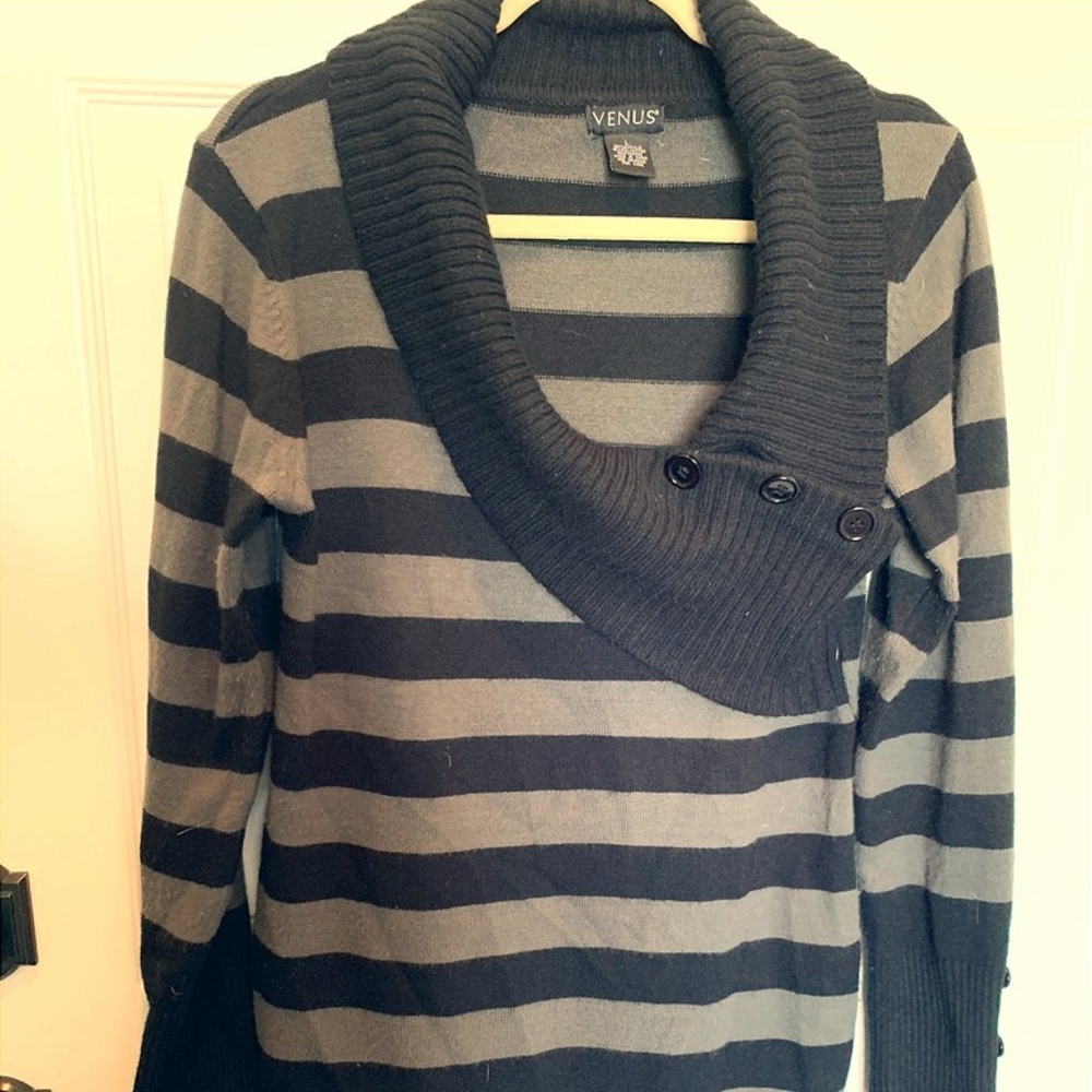 Striped Cowl Neck Button Sweater Dress